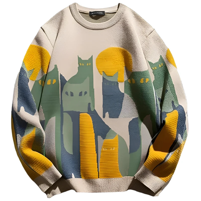 Knitted Sweater Men Women Winter Harajuku Cartoon Full Cat Print Pullover Vintage Causal Loose Sweaters Solid Color Striped Floral Print