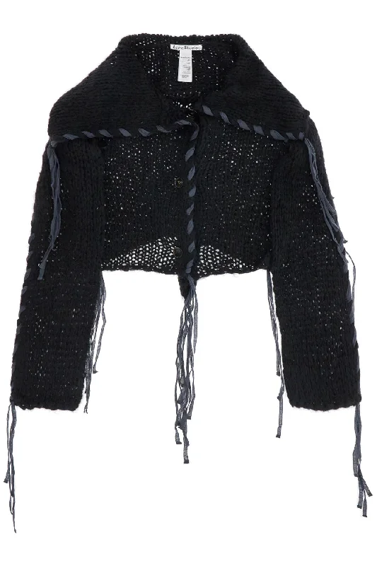 Cardigan With Braided Rib  - Black Spandex Blend Rayon Blend Denim Blend