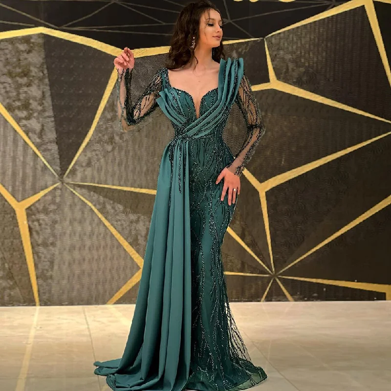 Serene Hill Green Mermaid Beaded Evening Dresses Gowns 2024 Luxury Elegant Satin For Women Party LA71860 Serene Hill Green Mermaid Beaded Evening Dresses Gowns 2024 Luxury Elegant Satin For Women Party LA71860