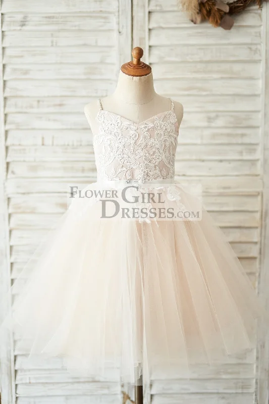 Spaghetti Straps Ivory Lace Peach Tulle V Neck Wedding Flower Girl Dress