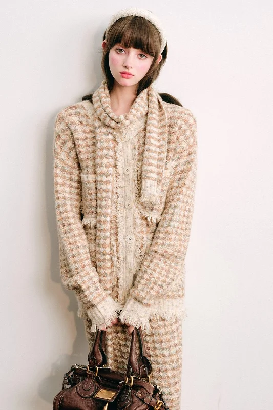 Collaeless Knit Cardigan with Scarf and Midi Skirt GRO0013 Real Fur Shearling Chenille