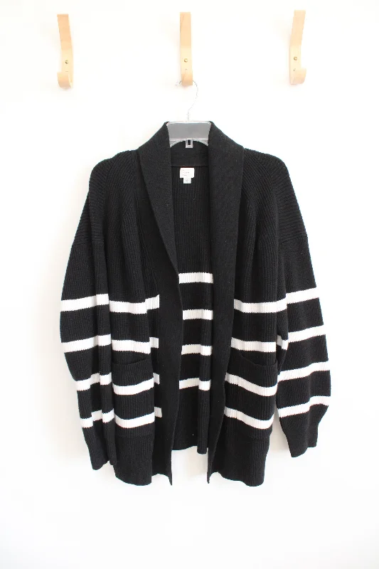 A New Day Black & White Striped Knit Cardigan | L Notch Collar Peter Pan Collar Cowl Neck