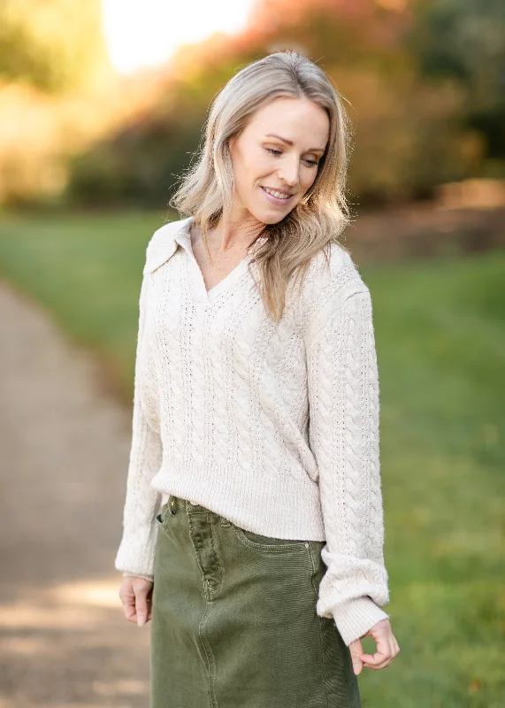 Blythe Cable Knit Polo Heather Oat Sweater Herringbone Houndstooth Plaid