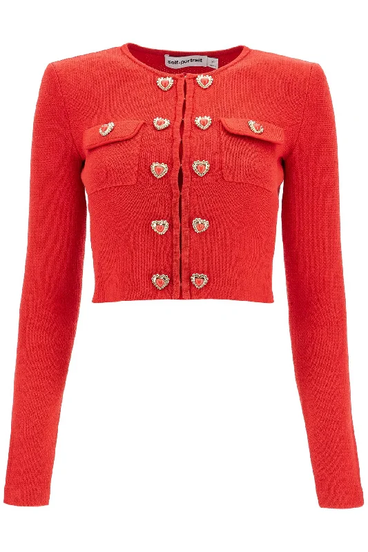 Short Knitted Cardigan With Heart-shaped Buttons  - Red Polka Dot Checkered Tartan