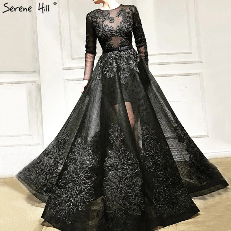 Black O-Neck Handmade Flowers Evening Dresses 2024 Long Sleeves Perspective Sexy Evening Gowns Serene Hill LA60837 Black O-Neck Handmade Flowers Evening Dresses 2024 Long Sleeves Perspective Sexy Evening Gowns Serene Hill LA60837