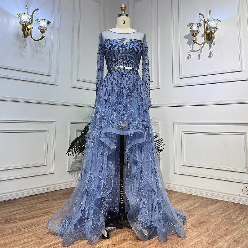 Serene Hill Blue Elegant A Line Lace Beaded Feathers Arabic Luxury Evening Dresses Gowns 2024 For Women Wedding Party LA71935A Serene Hill Blue Elegant A Line Lace Beaded Feathers Arabic Luxury Evening Dresses Gowns 2024 For Women Wedding Party LA71935A