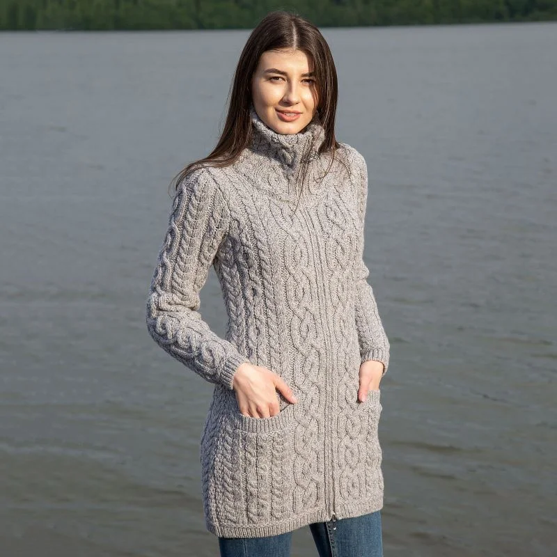 Women's Double Collar Aran Cardigan with Zipper Collared Crew Neck Turtle Neck