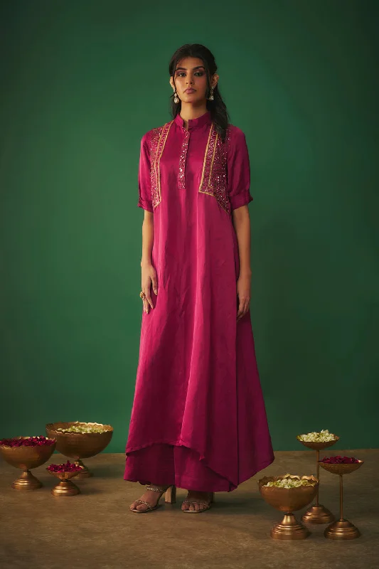 Magenta Pink Mirror Embroidered Kurta And Pants Set Cotton Quality,