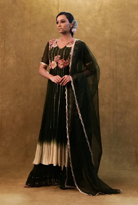 Green Shaded Anarkali Set Paired With Dupatta And Pants. Comfort Jeans,