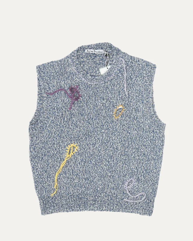 Korfeo Embroidered Distressed Sweater Vest Chenille Blend Fleece Blend Nylon Blend