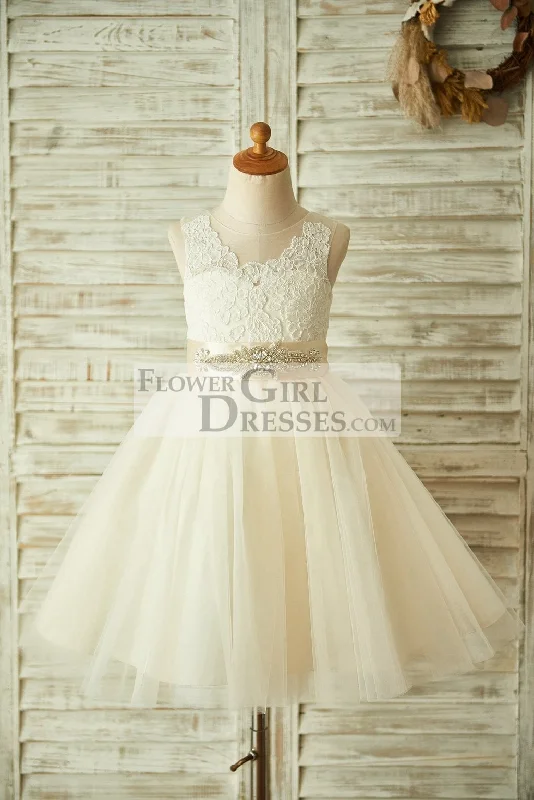 Light Champagne Lace Tulle Sheer Back Wedding Flower Girl Dress, Belt