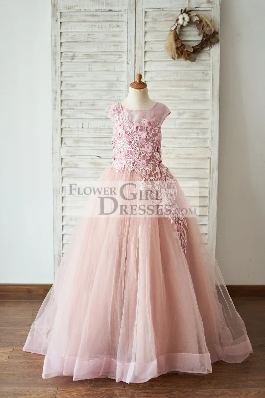 Mauve Lace Tulle 3D Flowers V Back Cap Sleeves Wedding Flower Girl Dress