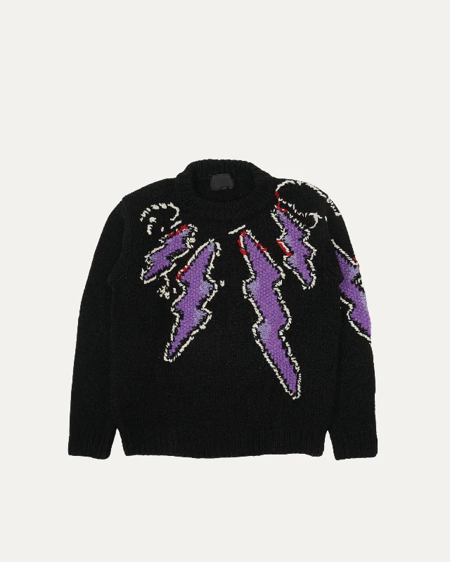 Intarsia Knit Lightning Bolt Sweater Real Fur Shearling Chenille