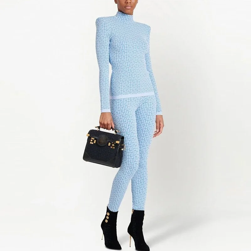Sweater Pant Sets Knit Pencil Pants 2023 Autumn Winter Fashion New Sky Blue Plaid Jacquard Knitted Half Turtleneck Pullover Satin Blend Silk Blend Wool Blend