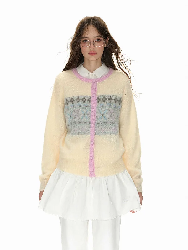 Lamb's wool blend cardigan with fair isle pattern NEC0121 Wool Fabric Cashmere Fabric Tweed Fabric