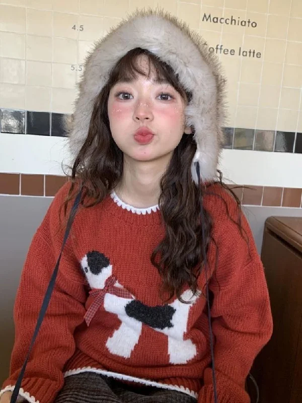 Bow Spotted Dog Knit Sweater【s0000005869】 Long Sweater Short Sweater Cropped Sweater