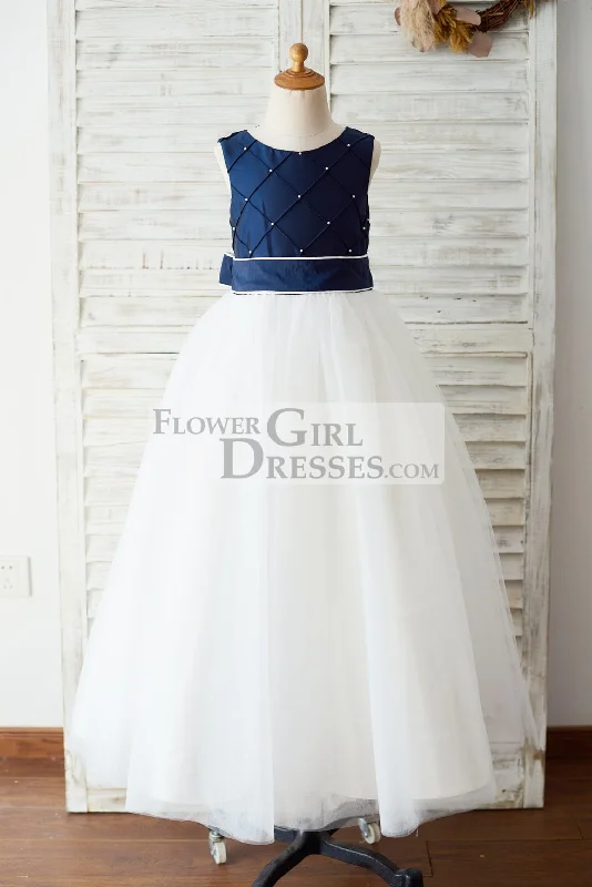 Navy Blue Taffeta Ivory Tulle Wedding Party Flower Girl Dress, Pearls