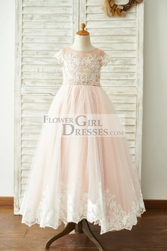 Pink Lace Tulle V Back Cap Sleeves Floor Length Wedding Flower Girl Dress