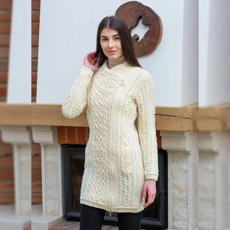 Long Merino Wool Aran Zipper Cardigan Houndstooth Herringbone Solid