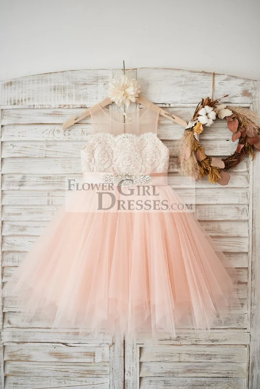 Sheer Neck Peach Tulle Ivory Lace Wedding Flower Girl Dress, Beaded Sash
