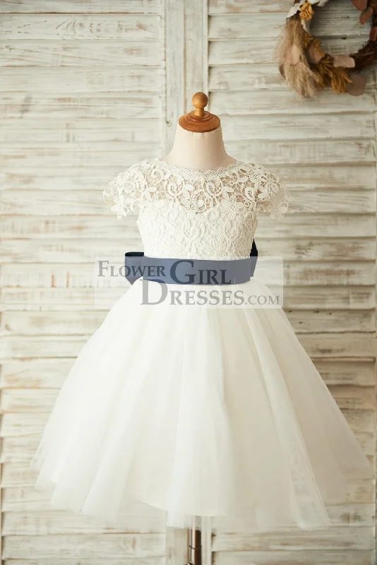 Short Sleeves V Back Lace Tulle Wedding Flower Girl Dress, Navy Belt