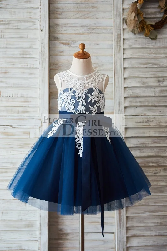 Princess Ivory Lace Navy Blue Tulle V Back Wedding Flower Girl Dress