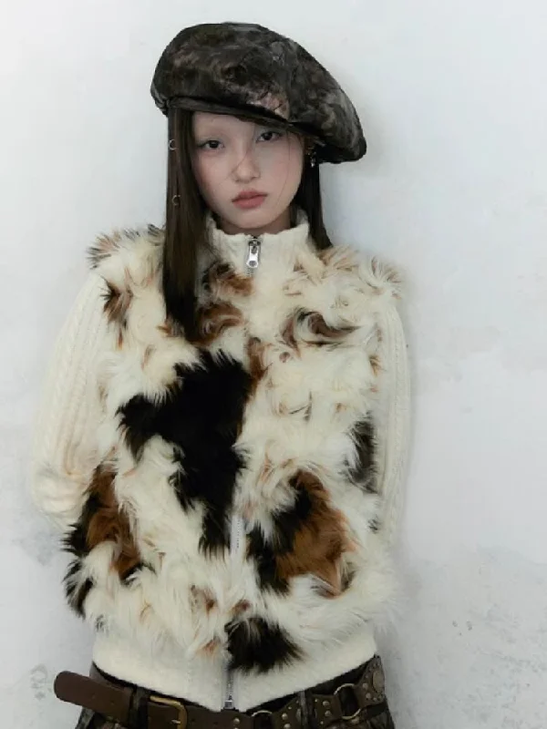 Cow Print Curly Patchwork Sweater 【s0000004958】 Sequined Glittery Shiny
