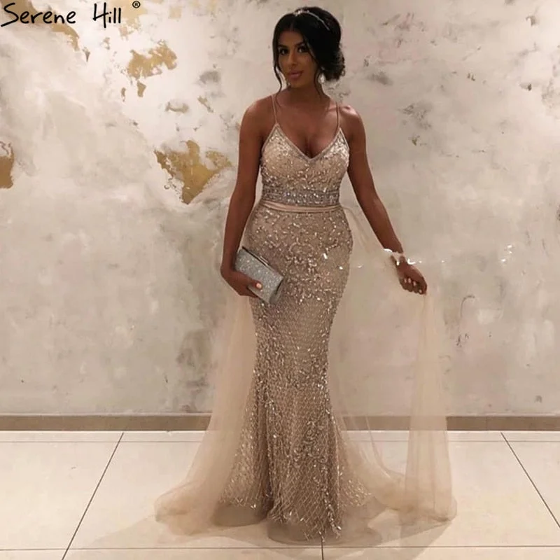Spaghetti Strap Sexy Nude Silver Mermaid Luxury Beaded Evening Dresses Gowns For Woman 2024Formal Dress Serene Hill LA70370 Spaghetti Strap Sexy Nude Silver Mermaid Luxury Beaded Evening Dresses Gowns For Woman 2024Formal Dress Serene Hill LA70370