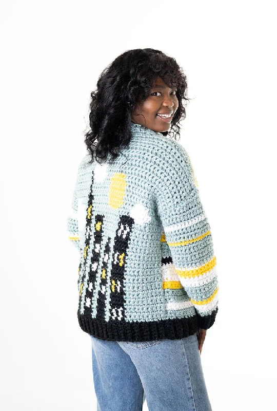 City Skyline Scene Cardigan (Crochet) Embroidered Appliqued Beaded