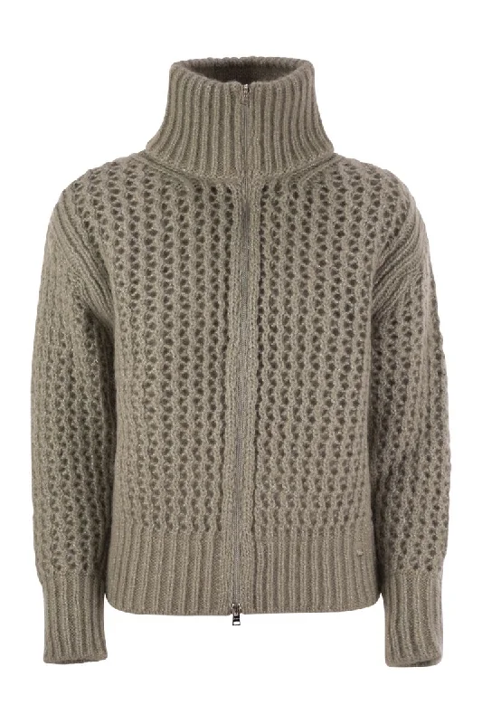 Cardigan in alpaca and wool yarn Elasticated Padded Insulated