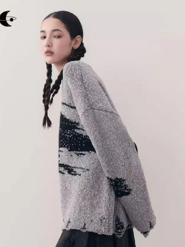 Jacquard Crew Neck Silhouette Knit Sweater【s0000006397】 Neon Metallic Matte