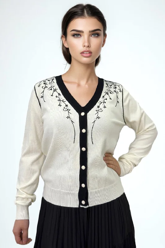 H5830 FLORAL VINE CARDIGAN SWEATER Houndstooth Herringbone Solid
