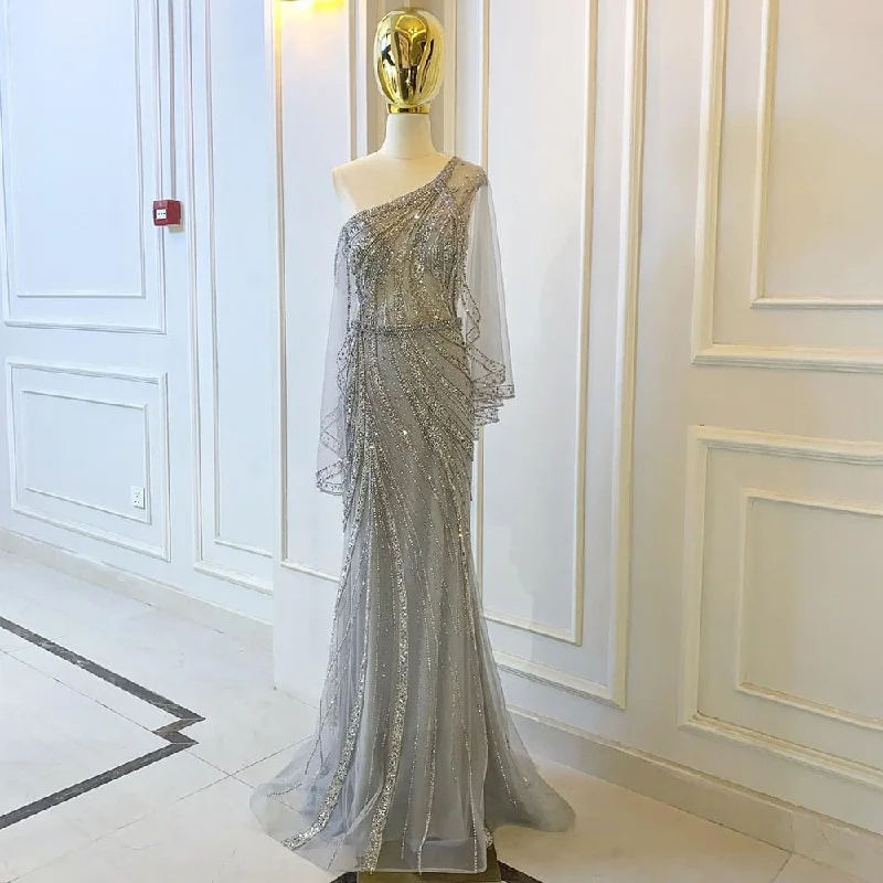 Luxury Grey One Shouder Evening Dresses Gowns 2024 Mermaid Beaded Elegant For Women Party Serene Hill LA71518