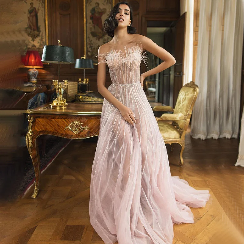 Serene Hill Pink A-Line Strapless Sexy Evening Dresses Gowns 2024 Luxury Feather Beaded For Women Wedding Party LA71646