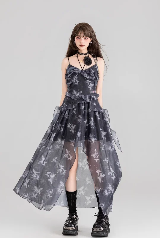 Butterfly Floral Sling Strap Backless Tulle Long Dress/Cardigan KEI0118 Neon metallic Matte