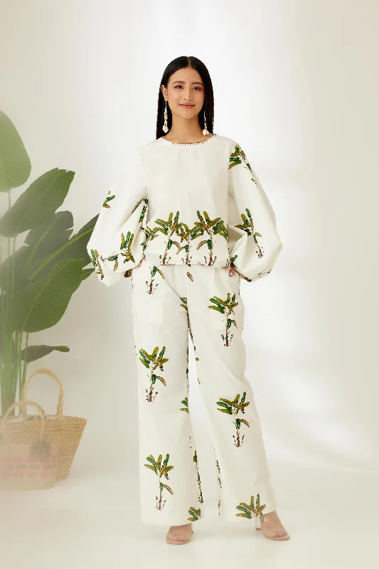 Off-White Hand painted Banana Tree Print Pant Clearance High-Waisted,