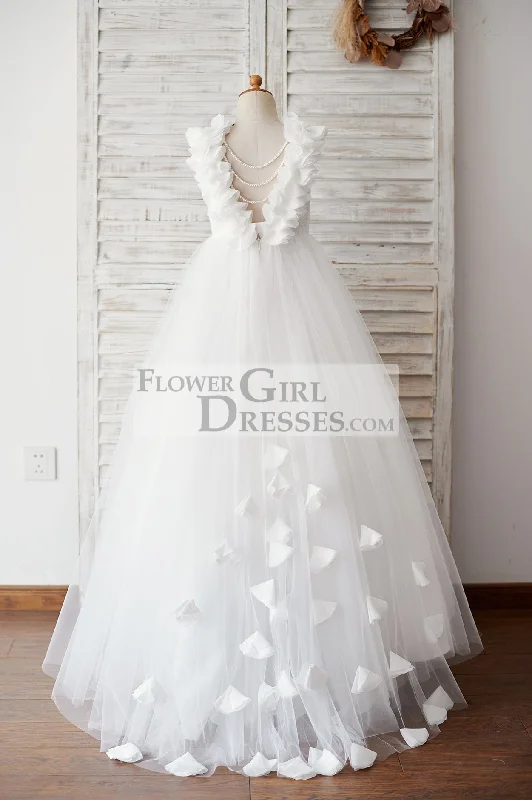 Princess Backless Lace Tulle Wedding Flower Girl Dress, Pearls/Flowers