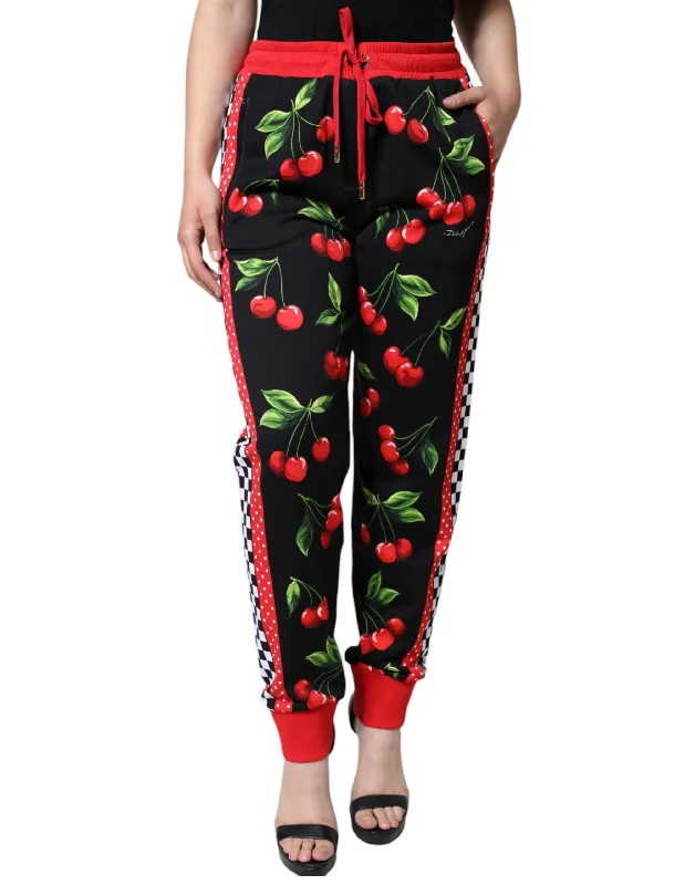 Dolce & Gabbana Black Red Cherry Mid Waist Jogger Pants Comfort High-Waisted,