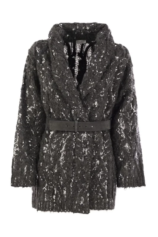 Wool and alpaca cardigan with sequins Zippered Buttoned Snapped