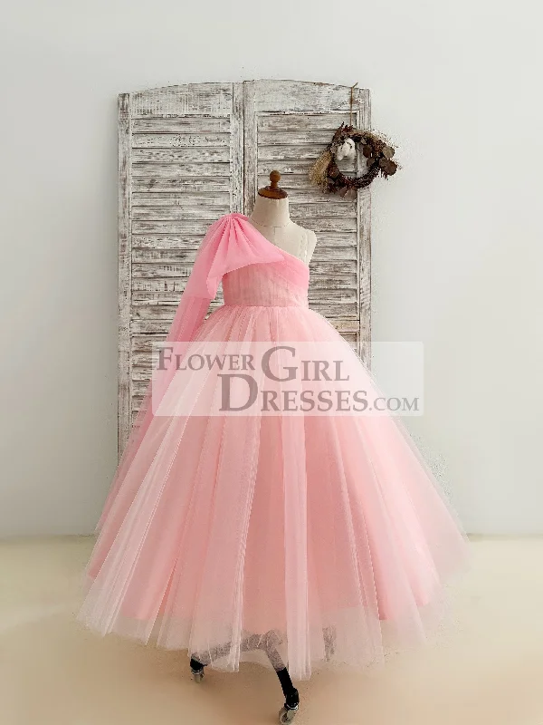 One Shoulder Draping Pink Tulle Wedding Flower Girl Dress Birthday Party