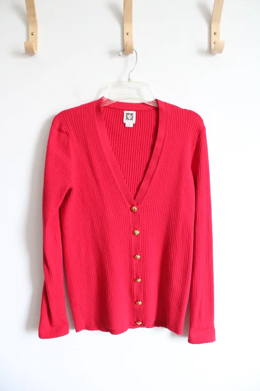 Anne Klein Red Ribbed Cardigan | M Boat Neck Shawl Collar Notched Collar