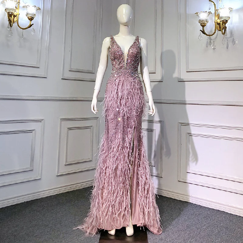 Serene Hill Pink High Split Mermaid Evening Dresses Gowns 2024 Backless Luxury Beaded Feather For Women Party LA71583