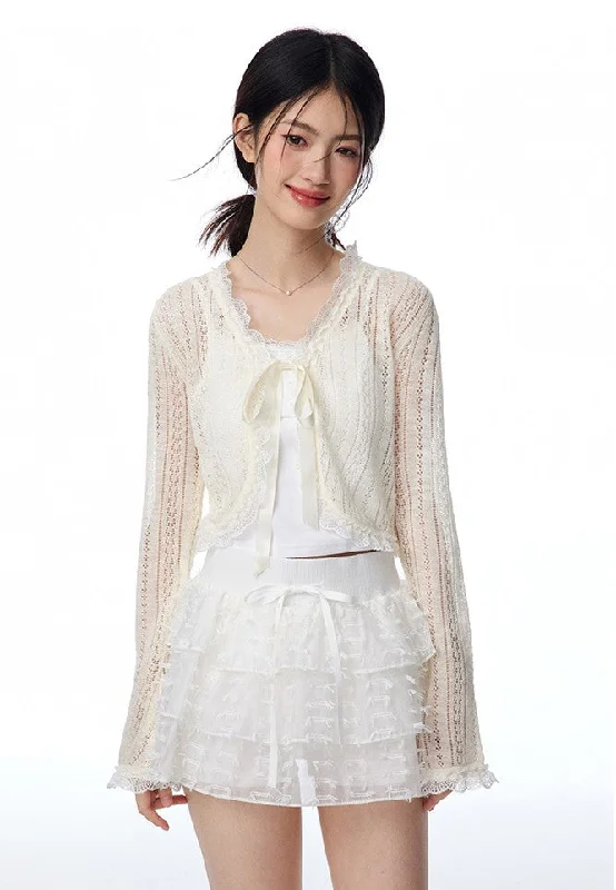 Hollow Light Bow Lace Knitted Cardigan/Camisole/Skirt NTO0102 Solid Print Embellished