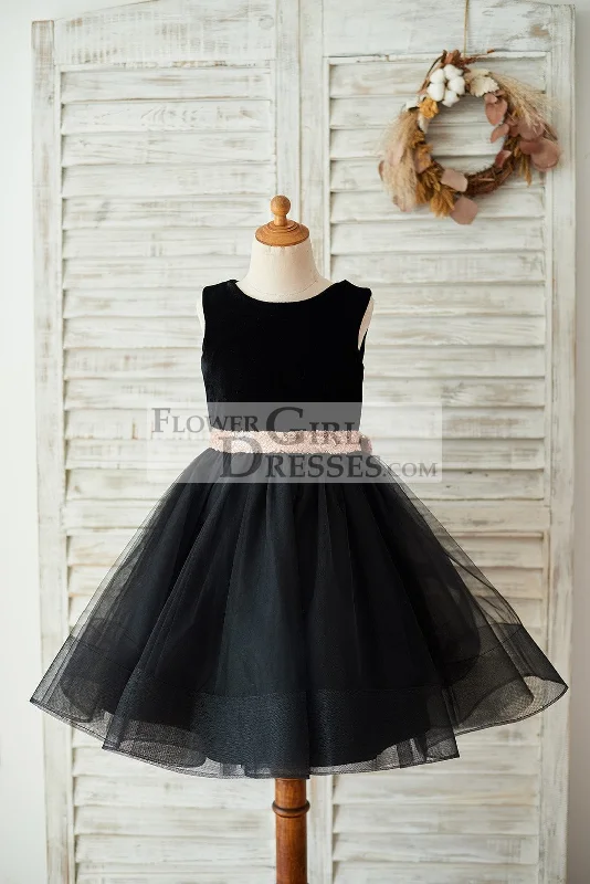 Black Velvet Tulle Keyhole Back Wedding Flower Girl Dress, Sequin Bow
