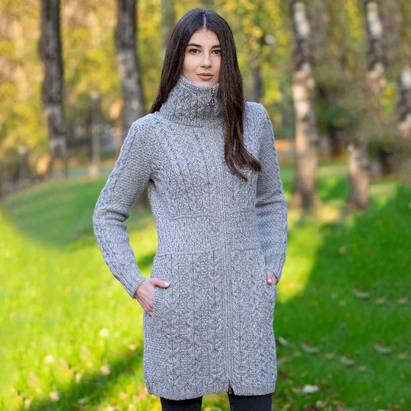 Merino Double Collar Aran Cardigan with Zipper for Ladies Polka Dot Checkered Tartan