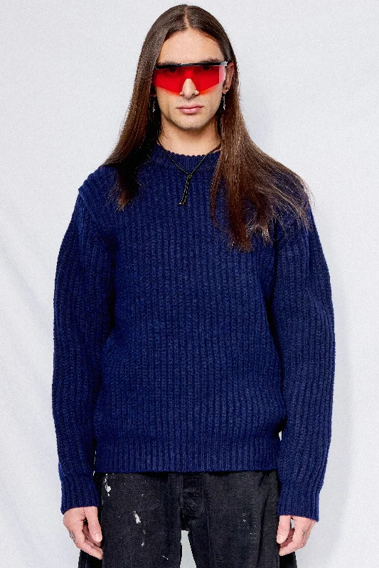 Unisex Navy Intarsia Sweater High Neck Crew Neck V-Neck