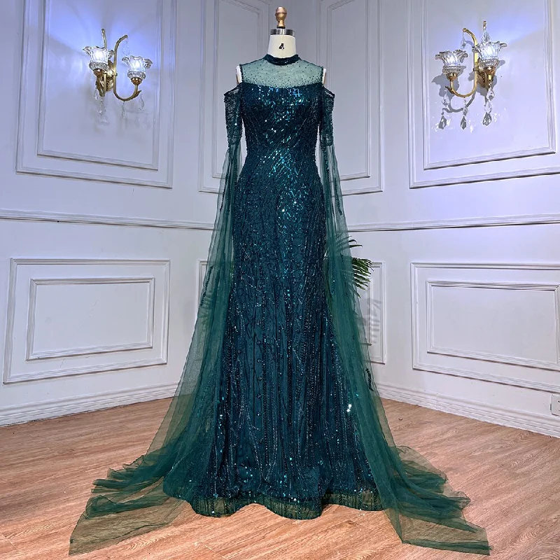 Serene Hill Arabic Green Mermaid Beaded Formal Evening Dresses With Cape Sleeves For Woman Wedding  Party Gowns LA72041