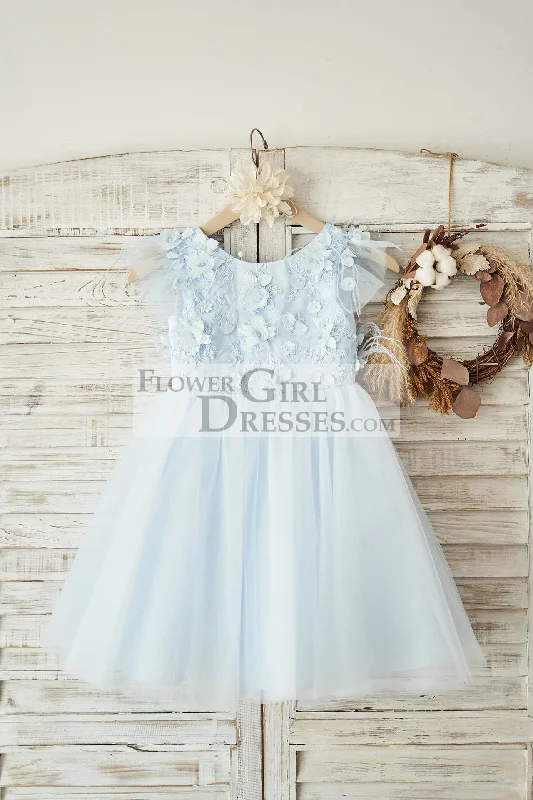 Blue Lace Tulle Cap Sleeves V Back Wedding Flower Girl Dress, Feathers