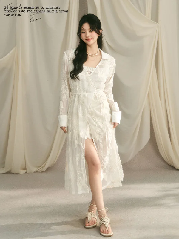 China Style Embroidered See-through Long Shirt Cardigan BBB0067 Mesh Fabric Canvas Fabric Denim Fabric