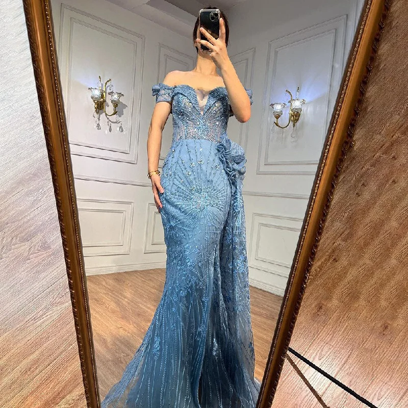 Serene Hill Blue Mermaid Lace Beaded Formal Occasion Evening Dresses With Overskirt Or Woman Wedding Party Gowns LA72042 Serene Hill Blue Mermaid Lace Beaded Formal Occasion Evening Dresses With Overskirt Or Woman Wedding Party Gowns LA72042